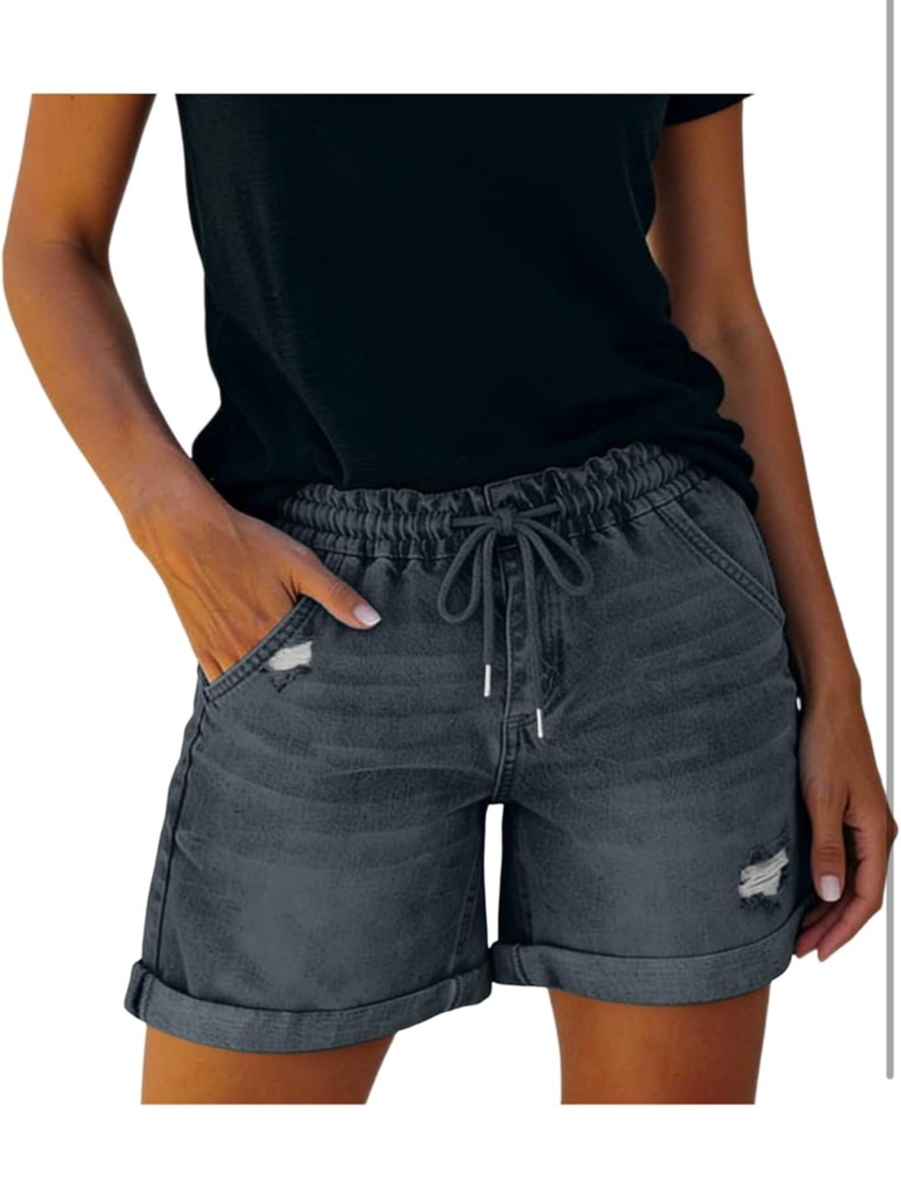 Gray Denim Drawstring Shorts - Picture 2 of 6